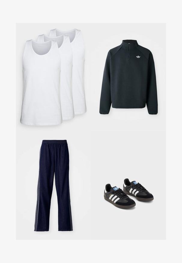 Black quarter-zip sweatshirt made of soft fabric, featuring raglan sleeves and white logo on the chest. Cuffs are elasticized.; Pack of three white tank tops made of cotton, featuring a rounded neckline and sleeveless design, smooth texture, and standard fit.; Navy blue athletic pants with an elastic waistband, featuring three white side stripes and a straight-leg design. Soft denim texture.; Black sneakers with a suede and synthetic upper, featuring three white stripes, textured rubber sole, and blue logo tag on the tongue.