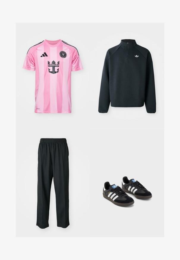 Čierna mikina so štvrťovým zipsom vyrobená z mäkkej tkaniny, s raglánovými rukávmi a bielym logom na hrudi. Rukávy sú elastické.; Ružový futbalový dres s vertikálnymi pruhmi, čiernymi akcentmi a grafickým logom. Vyrobený z priedušného materiálu, má krátke rukávy a okrúhly golier.; Čierne športové nohavice s elastickým pásom, vyrobené z hladkého materiálu, s jemným bočným šitím a voľným strihom, rovný strih.; Čierne tenisky so zvrškom z semišu a syntetického materiálu, s tromi bielymi pruhmi, štruktúrovanou gumovou podrážkou a modrou logovou etiketou na jazyku.