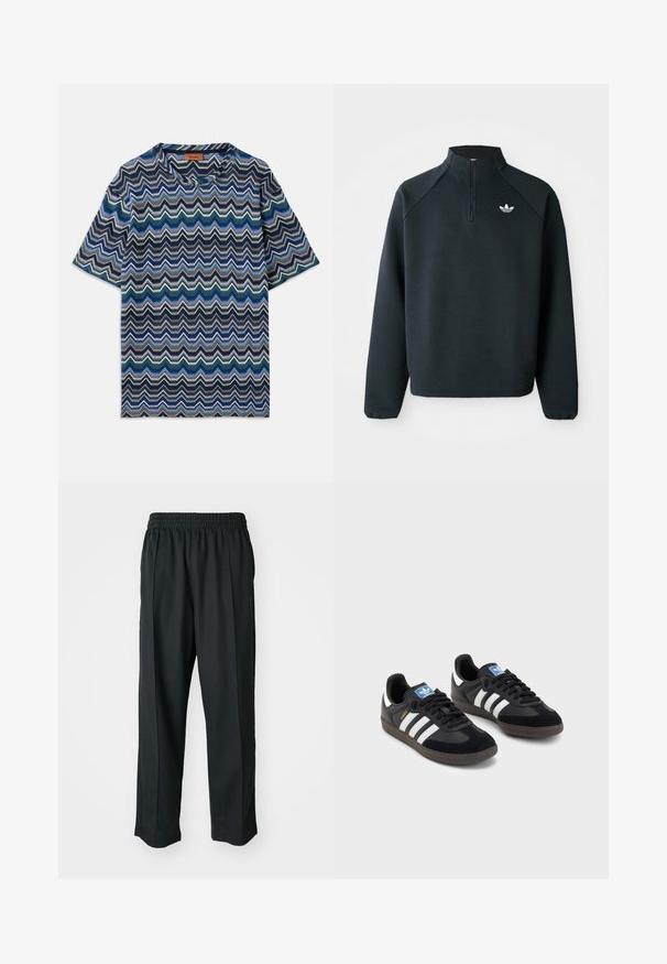 Juodas ketvirčio užtrauktuko megztinis, pagamintas iš minkštos medžiagos, su raglaniniu rankovėmis ir baltu logotipu ant krūtinės. Rankogaliai yra elastiniai.; Trumpas rankovėmis marškinėlis su zigzago raštu tamsiai mėlynos, mėlynos, žalios ir baltos spalvų. Pagamintas iš tekstūruoto mezginio audinio su apvalia iškirpte.; Juodi sportiniai kelnių modeliai su elastinga juosmena, pagaminti iš šiurkščios medžiagos, su subtiliomis šoninėmis siūlėmis ir laisva, tiesia koja.; Juodi sportiniai bateliai su zomšos ir sintetine viršutine dalimi, turintys tris baltas juosteles, tekstūruotą gumos pado paviršių ir mėlyną logotipo etiketę ant liežuvėlio.