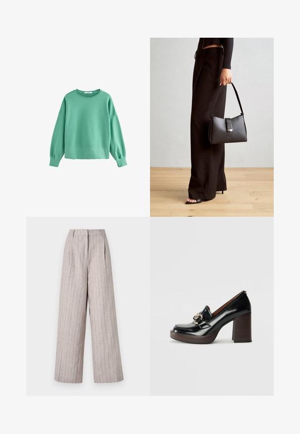 Zeleni pulover iz flisa, ki ima okroglo ovratnik, dolge rokave in skrajšan dizajn z rebrastimi manšeti in robom.; Svetlosivi široki hlače iz teksturirane tkanine s vertikalnimi črtami. Imajo visok pas in sprednje gube za dodatni stil.; Črne usnjene čevlje na visoki peti z okroglo točo, dekorativno srebrno okovje, leseno blok peto in gladko polirano površino.; Črna torbica z strukturirano obliko, gladko teksturo in kovinskim zaponko. Ujemajo se z širokimi črnimi hlačami in odprtimi sandali na lesenem tleh.