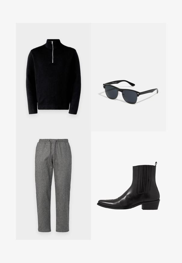 Svart genser med høy krage og halv glidelås. Laget av ribbet stoff, har den lange ermer og en glatt tekstur.; Grå, strikkede joggebukser med snor i midjen, smale ben og et subtilt teksturmønster i stoffet.; Sorte skinn ankelstøvletter med spiss tå, elastiske sidepaneler, vertikale sømdetaljer og en lav blokkhæl.; Sorte solbriller med rektangulær form, mørke linser, sølvfargede detaljer ved templene, og en matt finish på rammen.
