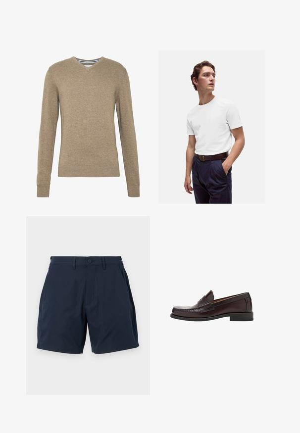 V-hals sweater lavet af blødt, lysebrunt strikstof med lange ærmer samt ribbede manchetter og kant. Subtil struktur i hele stoffet.; Hvid bomulds T-shirt med rund halsudskæring, båret med marineblå plisserede bukser og et brunt læderbælte med en guldbuckle.; Marineblå shorts lavet af glat, letvægtsstof. Den har en knaplukning, sidelommer og et skræddersyet design med en lige pasform.; Brune læder loafers med rund tå, dekorativ syning på forsiden og en flad gummisål for støtte og holdbarhed.