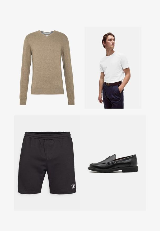 V-ringad tröja i mjukt, ljusbrunt stickat tyg, med långa ärmar och ribbade muddarna och fållen. Subtila texturer genom hela tyget.; Vit bomulls t-shirt med rund halsringning, bärs tillsammans med marinblå veckade byxor och ett brunt läderbälte med en gyllene spänne.; Svarta atletiska shorts gjorda av mjukt tyg, med resårmidja och en liten vit logotyp på nedre vänstra benet.; Svart syntetiska loafers med en framträdande söm på framsidan, vadderad sula och platt gummiyttersula; elegant design med minimalt detaljerad.