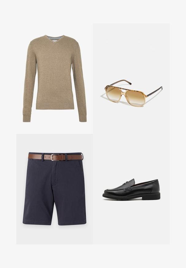 V-neck sweater made of soft, light brown knit fabric, featuring long sleeves and ribbed cuffs and hem. Subtle texture throughout the fabric.; White cotton t-shirt with a round neckline worn with navy pleated trousers and a brown leather belt featuring a gold buckle.; Navy blue shorts made of cotton with a brown leather belt. Features two front pockets, a straight cut, and a smooth texture.; Black synthetic loafers with a prominent stitched front, cushioned insole, and flat rubber outsole; sleek design with minimal detailing.; Tortoiseshell sunglasses with a rectangular frame, brown gradient lenses, and sleek black temples featuring subtle logo accents.