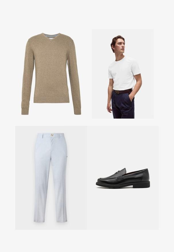 Svetr s výstřihem do V vyrobený z měkké, světle hnědé pleteniny, s dlouhými rukávy a vroubkovanými manžetami a lemem. Jemná textura po celé ploše látky.; Bílý bavlněný tričko s kulatým výstřihem nošené s námořnickými plisovanými kalhotami a hnědým koženým páskem se zlatou sponou.; Světle modré kalhoty z tkané látky s klasickým střihem, rovnými nohavicemi, předními kapsami a knoflíkovým zapínáním. Jemný vzor.; Černé syntetické mokasíny s výrazně prošívanou špicí, měkkou stélkou a plochou gumovou podrážkou; elegantní design s minimálním zdobením.