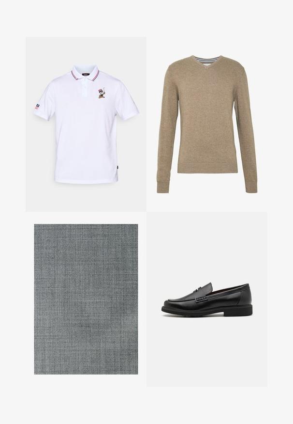 V-paita, joka on valmistettu pehmeästä, vaaleanruskeasta neuloksesta ja jossa on pitkät hihat sekä ribbireunukset hihoissa ja helmassa. Kankaassa on hienovarainen rakenne.; Valkoinen polo-paita, jossa on punainen ja sininen raidallinen kaulus, kolmen napin lista ja kirjailtu hahmodesign rintamuksessa.; Harmaa kangas, jossa on teksturoitu, kudottu kuvio. Pinta on sileä, sisältäen hienovaraisia sävyn vaihteluita ja hienoa verkko- rakennetta.; Musta keinotekoinen mokka, jossa on korostettu ommeltu etuosa, pehmeä sisäpohja ja litteä kumipohja; tyylikäs muotoilu, jossa on vähäistä yksityiskohtaisuutta.