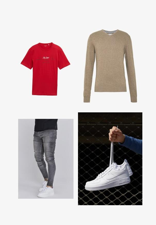 V-kaklo megztinis, pagamintas iš minkšto, šviesiai rudo mezginio audinio, su ilgomis rankovėmis ir gulinčiais rankovių bei apykaklės kraštais. Audinyje subtili tekstūra.; Raudona medvilninė marškinė su trumpomis rankovėmis, apvali iškirptė, priekyje su balta ir tamsiai mėlyna spausdinta tekstu, be matomų puošmenų.; Lieknos džinsai iš išbluko pilkos džinsinės medžiagos, su pažeidimais keliuose, derinami su baltais sportiniais batais. Lygi tekstūra, siauras siluetas.; Balti odiniai sportiniai bateliai su perforacijomis, apvalia nosimi, plokščiu padu ir storomis raištelėmis, su matomu swoosh logotipu ir "AIR" ant kulno.