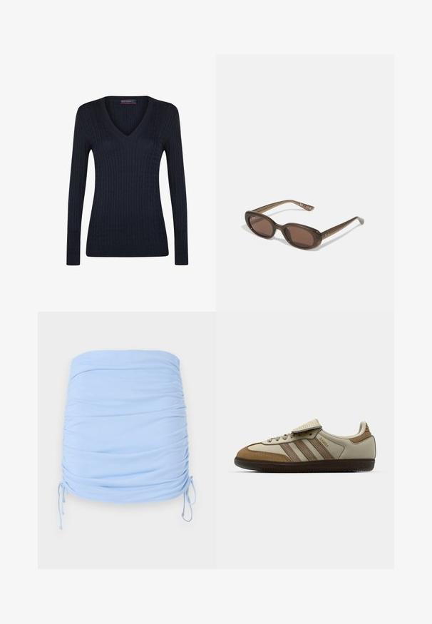 Suéter azul marino de manga larga con escote en V, patrón de punto trenzado y puños y dobladillo acanalados.; Mini falda de color azul claro con fruncidos, hecha de tela elástica. Presenta lazos de cordón en los lados para un ajuste ajustable y una textura suave.; Zapatilla deportiva marrón y crema con tres rayas beige, materiales de ante y cuero, diseño con cordones y suela de goma. Logo de texto en el lado.; Gafas de sol ovaladas marrones con lentes oscuros. La montura está hecha de un material marrón transparente y presenta un logo impreso en las patillas.; Bolso tote de ante marrón con dos asas, de forma rectangular espaciosa y diseño minimalista. Textura suave con un acabado liso.