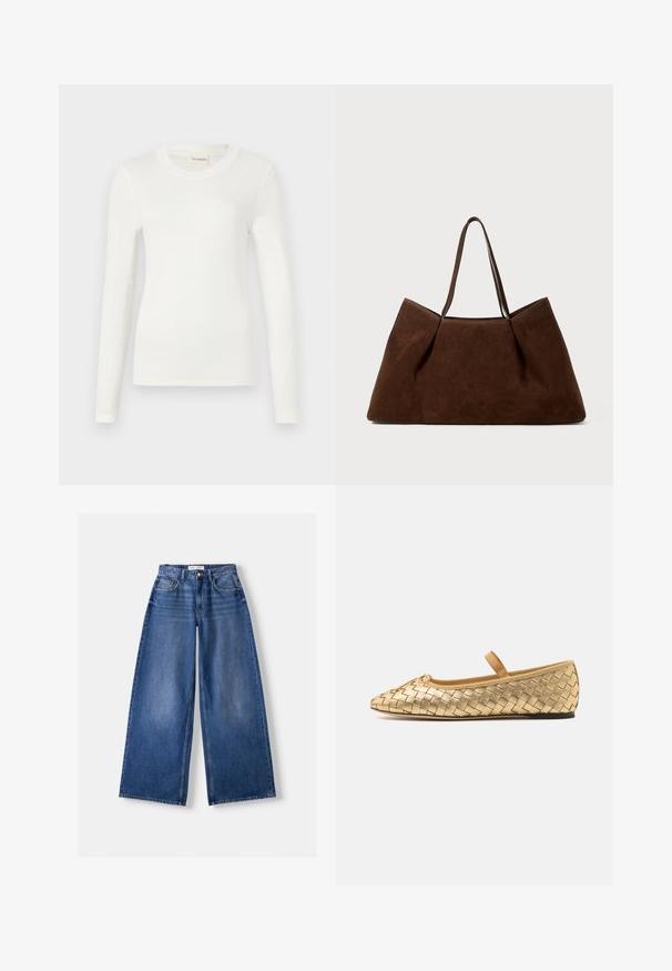 Marineblauer, langärmliger V-Ausschnitt-Pullover mit einem Kabelstrickmuster sowie gerippten Bündchen und Saum.; Langärmliges weißes T-Shirt aus weichem Stoff, mit Rundhalsausschnitt und figurnaher Silhouette. Minimalistisches Design ohne Muster oder Akzente.; Bershka WIDE-LEG - Wide Leg - dark blue; Loeffler Randall LEONIE SOFT BALLET FLAT - Riemchenballerina - gold; Braune Wildleder-Shopper-Tasche mit zwei Schulterriemen, großzügiger rechteckiger Form und minimalistischem Design. Weiche Textur mit glatter Oberfläche.