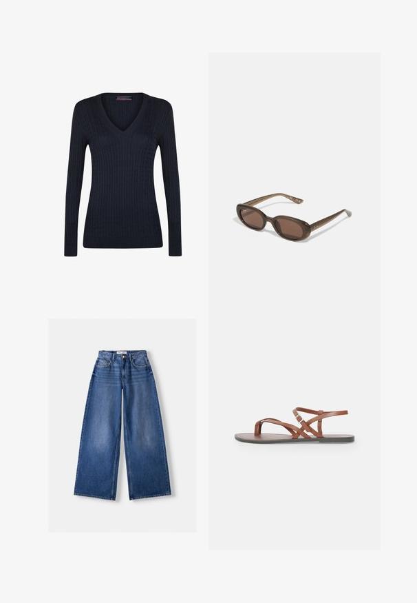Mörkblå, långärmad V-ringad tröja med kabelstickad mönster samt ribbade ärmslut och nederkant.; Bershka WIDE-LEG - Wide leg - dark blue; Bruna läderflatsandaler med korsade remmar, öppen tå-design och en spänndag kring ankeln. Slät textur och minimalistisk stil.; Bruna ovala solglasögon med mörka linser. Bågen har ett transparent brunt material och har en logotyp tryckt på stängerna.; Brun mockaläder tote bag med två axelremmar, en rymlig rektangulär form och minimalistisk design. Mjuk textur med en slät ytfinish.