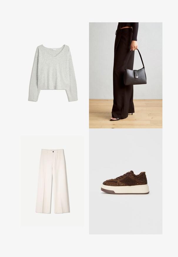 Maglione corto grigio chiaro in tessuto morbido e testurizzato. Presenta un colletto a V e maniche lunghe con polsini e orlo a costine.; Pantaloni larghi color crema con design sartoriale, dotati di due tasche frontali e una chiusura con bottone anteriore, realizzati in tessuto liscio.; Sneaker platform marroni con tessuto testurizzato e dettagli brillanti, colletto morbido e suola in gomma resistente.; Borsa nera con forma strutturata, texture liscia e una chiusura metallica. Abbinata a pantaloni neri larghi e sandali open-toe su un pavimento in legno.