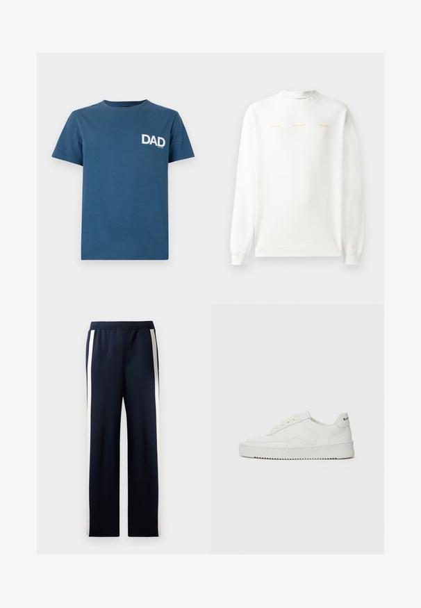 Hvit sweatshirt med rund hals, lange ermer og ribbet mansjetter. Har gulltrykt tekst over brystet: "HZW (25-26) HOLZWEILER THE SUN."; Blå bomull T-skjorte med korte ermer og rund hals, med hvit "DAD" teksttrykk på venstre brystområde.; Marineblå joggebukser med bred bendesign, med vertikale kremfargede striper langs sidene. Laget av myk, strukturert stoff med elastisk midjebånd.; Hvite lærersneakers med en jevn overflate, rund tå, flate lisser og en teksturert såle. Har en subtil logo på hælen.