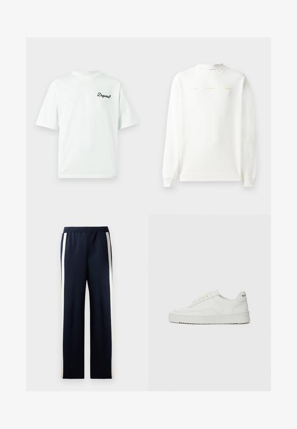 White sweatshirt with round neck, long sleeves, and ribbed cuffs. Features gold printed text across the chest: "HZW (25-26) HOLZWEILER THE SUN."; White short-sleeve t-shirt with a round neckline and a small embroidered logo in dark green on the left chest area. Cotton material.; Navy sweatpants with a wide leg design, featuring vertical cream stripes along the sides. Made from soft, textured fabric with an elastic waistband.; White leather sneaker with a smooth finish, round toe, flat laces, and a textured sole. Features a subtle logo on the heel.