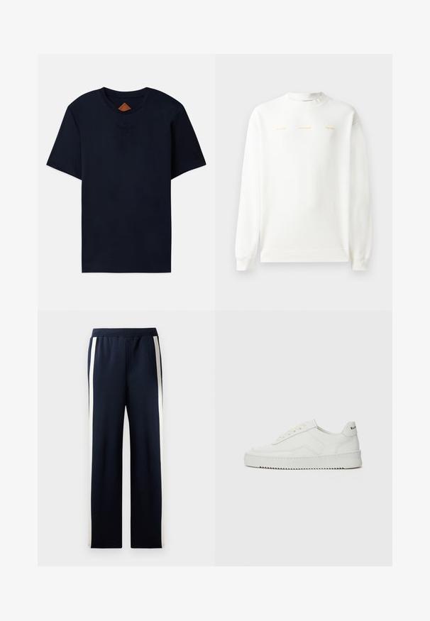 Bela trenirka z okroglo ovratnikom, dolgimi rokavi in rebrastimi zapestji. Ima zlat napis čez prsi: "HZW (25-26) HOLZWEILER THE SUN."; Temno modra bombažna majica s kratkimi rokavi, s krožnim izrezom in reliefnim logotipom na prsih. Gladka tekstura, sproščen kroj.; Mornarske trenirke širokega kroja, ki imajo navpične kreme proge ob straneh. Narejene iz mehkega, teksturiranega materiala z elastičnim pasom.; Bela usnjena športna obutev z gladko površino, okroglo prst, ravne vezalke in teksturiran podplat. Ima diskretno logo na peti.