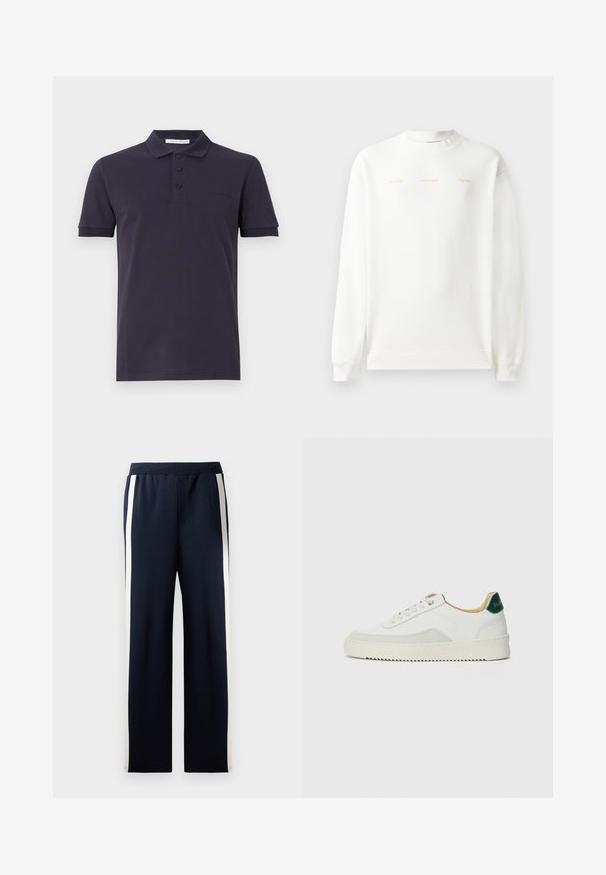 Λευκή μπλούζα με στρογγυλή λαιμόκοψη, μακριά μανίκια και ribbed μανσέτες. Διαθέτει χρυσό εκτυπωμένο κείμενο στο στήθος: "HZW (25-26) HOLZWEILER THE SUN."; Μαρινί μπλουζάκι πόλο από βαμβάκι με κλασικό γιακά, τρία κουμπιά, κοντά μανίκια και διακριτική εκτύπωση στο στήθος.; Ναυτικές φόρμες με φαρδιά σχεδίαση, που διαθέτουν κάθετες κρεμ λωρίδες στα πλάγια. Φτιαγμένες από μαλακό, υφασμάτινο ύφασμα με ελαστική μέση.; Λευκά sneakers με σουέτ λεπτομέρειες, στρογγυλή μύτη, επίπεδα κορδόνια και κρέμα από καουτσούκ σόλα. Διαθέτει πράσινη επωνυμία στη φτέρνα.