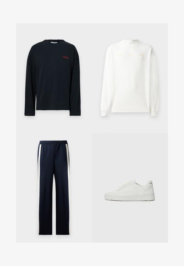 Bílá mikina se zaobleným výstřihem, dlouhými rukávy a žebrovanými manžetami. Na hrudi je zlatý potisk s textem: "HZW (25-26) HOLZWEILER THE SUN."; Černé tričko s dlouhým rukávem vyrobené z měkké látky, se malým červeným logem na levé straně hrudi, kulatým výstřihem a rovním lemováním.; Námořnické tepláky s širokým střihem, které mají podél stran vertikální krémové pruhy. Vyrobené z měkké texturované tkaniny s elastickým pasem.; Bílé kožené tenisky s hladkým povrchem, kulatou špičkou, plochými tkaničkami a texturovanou podrážkou. Na patě se nachází nenápadné logo.