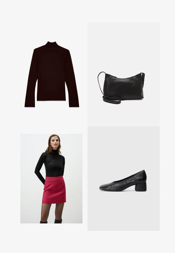 Bruine coltrui gemaakt van zacht gebreid materiaal. Heeft lange mouwen, een aansluitend ontwerp en ribgebreide manchetten en zoom.; Zwarte lange mouwen hoge hals top gecombineerd met een gemêleerde roze minirok, gedragen met zwarte kniehoge laarzen, tegen een effen witte achtergrond.; Zwarte leren pump met een ronde neus en een middenblokhak. Glad textuur met minimale details, voorzien van een subtiele elastische opening.; Zwarte leren schoudertas met een gladde textuur, gebogen vorm, verstelbare schouderband en een ritsafsluiting. Minimalistisch ontwerp zonder versieringen.