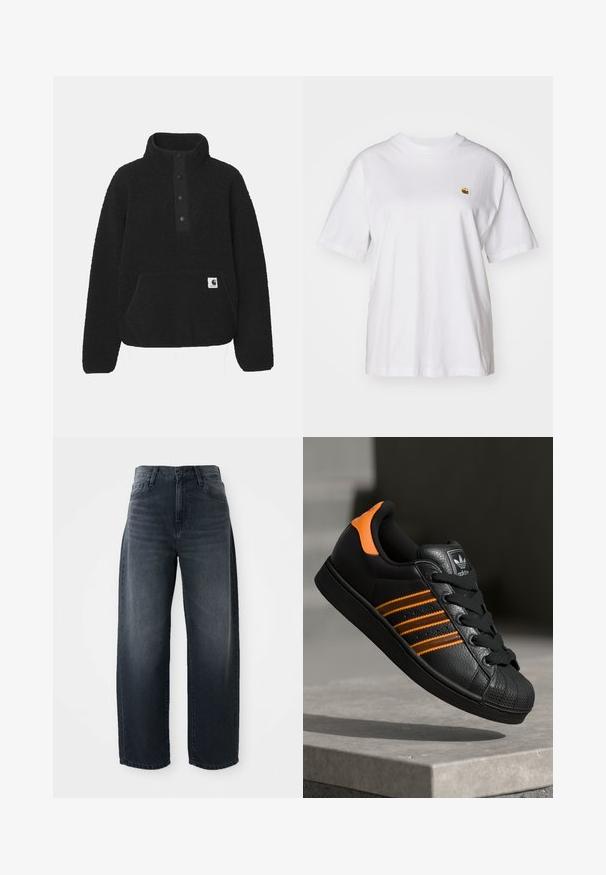 Carhartt WIP ELLIOT HIGH NECK - Fliisdžemper - black; Valge puuvillane T-särk, millel on lõdva lõikega, lühikesed varrukad ja väike broderi logo vasakul rinnakarpi.; Laia teksad tumeda pesu, kõrgema vöökohaga, klassikalise nööbi ja tõmblukuga ning õrna tuhmumisega ees.; Mustad mustad mustad oranzhides üksikasjad, kolm horisontaalset triipu, tekstureeritud nahk pealisosa, kummist varbaosa ja mustad paelad.