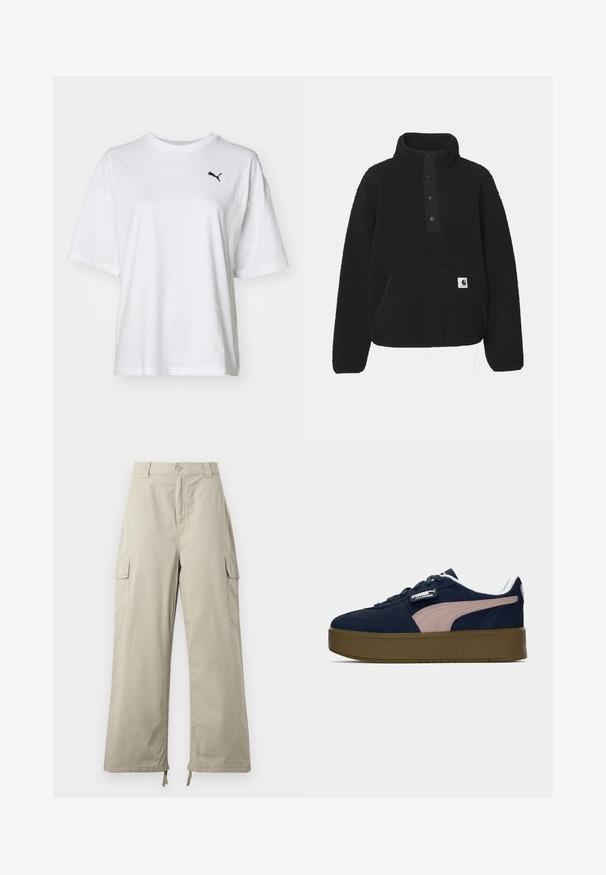 Carhartt WIP ELLIOT HIGH NECK - Fleece jumper - black; White cotton t-shirt with a round neckline, short sleeves, and a black Puma logo on the left chest area.; Light beige cargo pants with a relaxed fit, featuring a button closure, side pockets, and adjustable hem with ties. Smooth fabric texture.; Navy suede platform sneaker with a light pink accent, white padded collar, and black laces. Features lightly textured rubber sole and logo detailing.