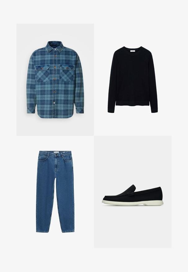 Črna rebrasta dolga majica s dolgimi rokavi in okroglim izrezom ter subtilno teksturo. Zaprti manšeti in rob dodajata strukturo oblikovanju.; Modra flanelasta srajca s črtastim vzorcem v različnih odtenkih modre, z gumbi spredaj, ovratnikom in dvema žepoma na prsih.; Svetlo modri kavbojki z ravnim krojem, ki imajo klasičen petnamenski stil in gumbasto zapiranje pri pasu.; Črne slip-on čevlje z zaobljenim nosom, ki imajo strukturirano zgornji del, gladek bel podplat in subtilen logotip na strani.