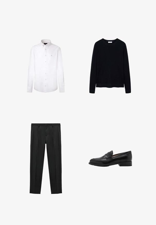Sort ribbet langærmet sweater med rund halsudskæring og subtil tekstur. Lukket manchetter og kant bidrager til dens strukturerede design.; Hvid langærmet skjorte lavet af bomuld. Har en klassisk button-down krave, frontknapper og et lille blåt logo på venstre bryst.; Sorte bukser med en skræddersyet pasform, der har et glat materiale, to frontfolder og en flad talje. Ingen synlig hardware; enkelt design.; Sorte læder loafers med en syet front og flad hæl. Glat tekstur med en afrundet tå og en dekorativ rem hen over vristen.