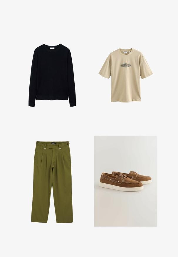 Musta ribattu pitkähihainen neule pään yli -kauluksella ja hienovaraisella tekstuurilla. Suljetut hihansuut ja helma lisäävät sen rakenteellista muotoilua.; Beige t-paita, jossa on painatus keskellä. Suunnittelussa on värikkäitä elementtejä ja kaarevaa tekstiä. Lyhyet hihat ja pyöreä pääntie.; Oliviinivihreät laskostetut housut suoralla leikkauksella. Sisältää kaksi etupainiketta, vyölenkit ja sileäpintaisen kankaan.; Ruskeat samettiset kengät, joissa on valkoinen kumipohja, nauhakiinnitys, metalliset silmukat ja erottuva ommel reunoilla.