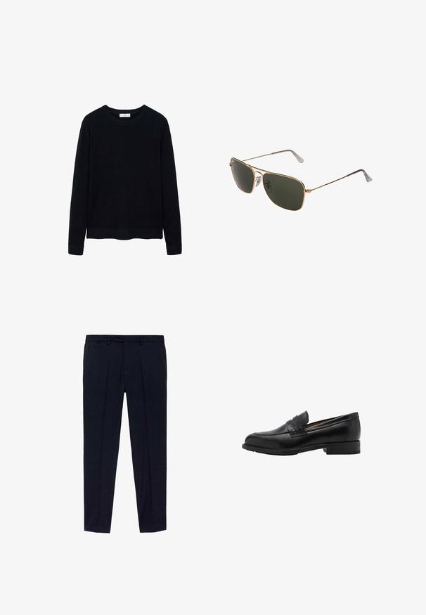 Czarny, prążkowany sweter z długim rękawem, z okrągłym dekoltem i subtelną teksturą. Zakończone mankiety i dół swetra podkreślają jego zorganizowany krój.; Czarna koszulka z krótkim rękawem, wykonana z bawełny, z okrągłym dekoltem i luźnym krojem, o miękkiej teksturze i minimalnych detalach.; Granatowe spodnie z gładkim przodem, wykonane z gładkiego materiału. Zawierają dwa boczne kieszenie oraz zamek błyskawiczny z zapięciem na guzik.; Czarne skórzane mokasyny z przeszywaną przednią częścią i płaskim obcasem. Gładka tekstura z zaokrąglonym noskiem i dekoracyjnym paskiem na wierzchu stopy.; Złote metalowe okulary przeciwsłoneczne w stylu aviator z dużymi ciemnozielonymi soczewkami, z cienką oprawką i przezroczystymi podkładkami nosowymi dla komfortu.