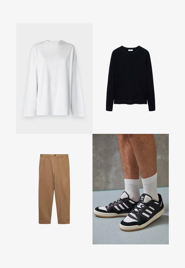 Czarny, prążkowany sweter z długim rękawem, z okrągłym dekoltem i subtelną teksturą. Zakończone mankiety i dół swetra podkreślają jego zorganizowany krój.; Weekday - Bluzka z długim rękawem; Brązowe bawełniane chinosy o prostym kroju, z dwiema bocznymi kieszeniami, z zapięciem na guzik i gładką teksturą. Średni stan i zwężane nogawki.; Czarno-białe sneakersy z zamszową i skórzaną cholewką, z trzema białymi paskami, perforowanym czubkiem i gumową podeszwą w kolorze gumy.