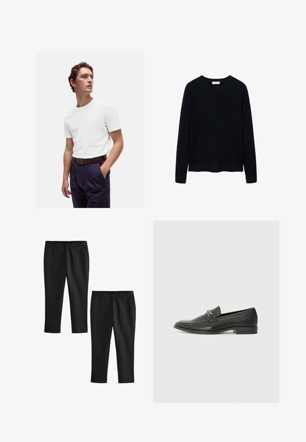 Sort ribbet langærmet sweater med rund halsudskæring og subtil tekstur. Lukket manchetter og kant bidrager til dens strukturerede design.; Hvid bomulds T-shirt med rund halsudskæring, båret med marineblå plisserede bukser og et brunt læderbælte med en guldbuckle.; Sorte skræddersyede bukser med en glat overflade, der har et design med lige ben og mellemhøj talje. To par vist, et af dem er cropped.; Sorte læder loafers med en glat finish, der har et syet design og et dekorativt metal kædeaccent hen over vamps. Flad hæl.