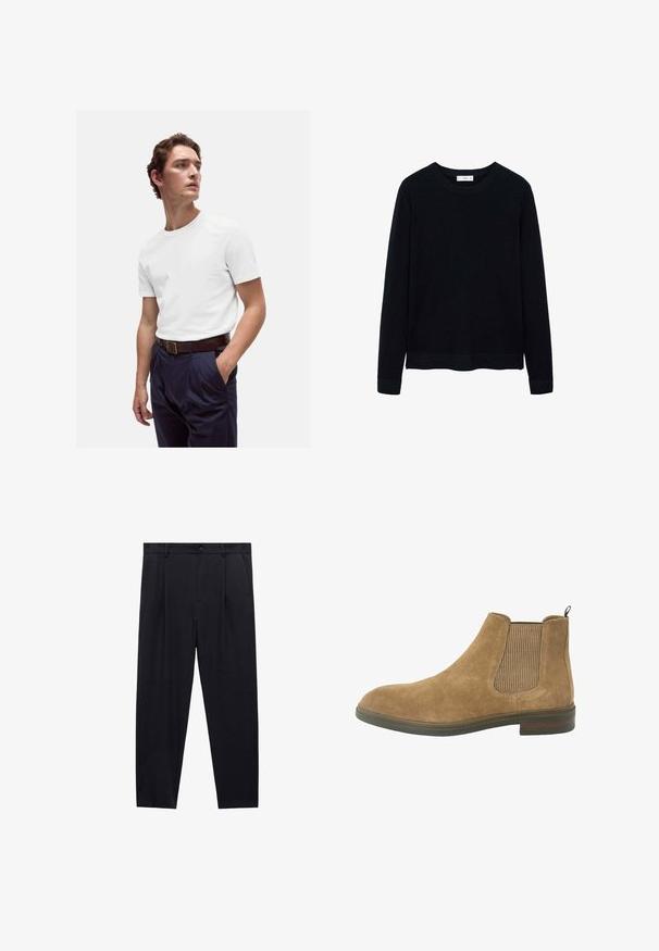 Maglione nero a costine con maniche lunghe, scollatura rotonda e una sottile texture. Le maniche e l'orlo chiusi aggiungono un tocco di struttura al design.; T-shirt bianca in cotone con scollo rotondo, indossata con pantaloni plissettati blu navy e una cintura in pelle marrone con fibbia dorata.; Pantaloni neri a gamba dritta con passanti per cintura, tasche laterali e chiusura con bottone anteriore.; Stivale Chelsea in suede color tan con pannelli elastici laterali, punta rotonda e un tassello di pull; suola di gomma resistente e dettagli in tessuto testurizzato.