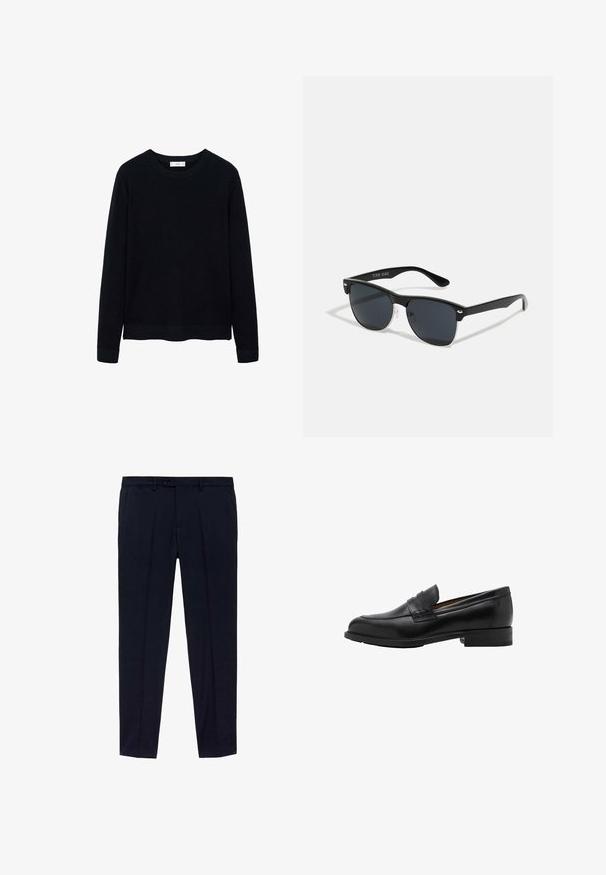 Musta ribattu pitkähihainen neule pään yli -kauluksella ja hienovaraisella tekstuurilla. Suljetut hihansuut ja helma lisäävät sen rakenteellista muotoilua.; Tummansiniset housut, joissa on tasainen etuosa, valmistettu sileästä kankaasta. Ominaisuuksiin kuuluvat kaksi sivutaskua ja vetoketjulla varustettu napitus.; Mustat nahka loafersit, joissa on ommeltu etuosa ja litteä korko. Sileä pintakuvio, pyöristetty kärki ja koristeellinen nauha jalkapöydän yli.; Mustat aurinkolasit, joilla on suorakulmainen muoto, tummat linssit, hopeiset yksityiskohdat temppeleissä ja matta pinta kehykset.
