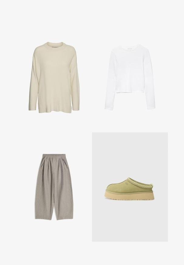 Maglione lavorato a maglia color crema con collo alto, maniche lunghe e una vestibilità rilassata e squadrata. Il tessuto sembra essere testurizzato e morbido.; Camicia bianca a maniche lunghe cropped realizzata in tessuto morbido, con scollatura rotonda e design semplice e senza cuciture, priva di decorazioni.; Pantaloni grigi a gamba larga realizzati in tessuto morbido, con una vita elastica e due tasche laterali, dal design semplice e minimalista.; UGG TAZZ II - Zoccoli - muted brass