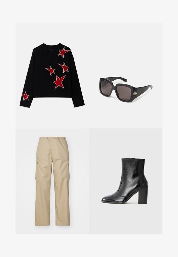 Zwarte gebreide trui met een ronde halslijn, versierd met meerdere rode stermotieven met rafelende randen aan de voorkant en op één mouw.; Beige cargobroek met een elastische tailleband, twee zijzakken en knoopsluiting voor cargozakken, met een rechte pijp en een gladde stofstructuur.; Zwarte leren enkelboot met een gladde textuur, spitse neus en een gedurfde hoge hak. Beschikt over een zijopening en een minimalistisch ontwerp.; Zwarte oversized zonnebril met donkere lenzen, glanzend plastic montuur, afgeronde vierkante vorm en een gouden in elkaar grijpend GG-logo aan de zijkant.