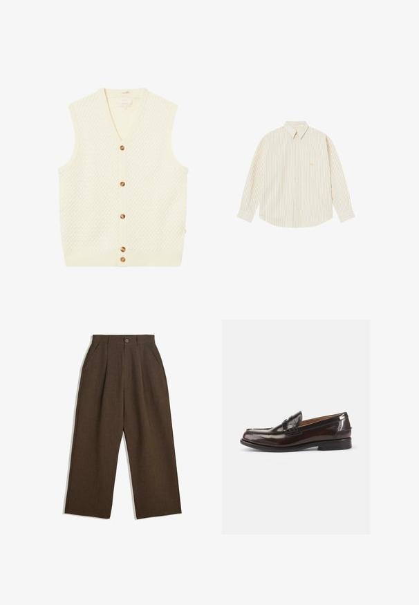 Kremasti pleteni prsluk s teksturiranim dijamantnim uzorkom, v-izrezom, rebrastim rubom i sedam smeškastih dugmadi uzduž prednje strane.; Svijetlosmeđa košulja s gumbima i tankim vertikalnim prugama. Ima oštri ovratnik, duge rukave i mali izvezeni logotip na džepu.; Smeđe plisirane hlače širokog kroja, sa zatvaranjem na dugme i bočnim džepovima, napravljene od teksturiranog materijala pogodnog za svakodnevno nošenje.; Smeđi kožni loaferi s sjajnim finišem, sa šivenim dizajnom na prstima i niskim potplatom. Na strani se nalazi reljefni detalj s brandom.