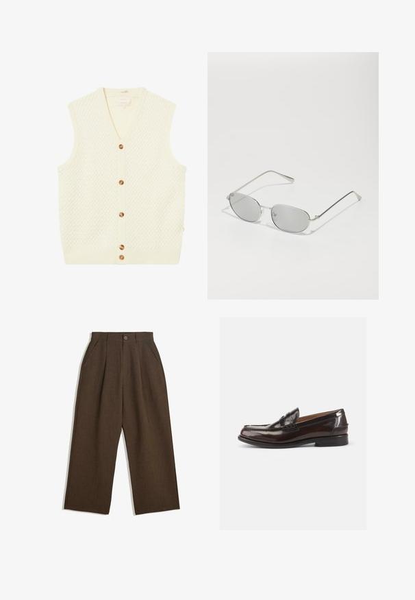 Kermassa neuleliivi, jossa on teksturoitu timanttimalli, v-muotoiset kaula-aukko, ribatty helma ja seitsemän ruskeaa nappia etupuolella.; Vaalean kermankeltainen nappipaita, jossa on ohuita pystysuoria raihnoja. Siinä on terävä kaulus, pitkät hihat ja pieni brodeerattu logo rintataskussa.; Ruske pleated hlače s širokim nogavicami, ki imajo gumbasto zapiranje in stranske žepke, narejene iz teksturiranega materiala, primernega za sproščeno nošenje.; Ruske nahkaste loafers čez bleščečo površino, z vdelanim šivom na prstih in nizko peto. Ob strani je prisotna embosirana oznaka blagovne znamke.; Hopeiset metalliset aurinkolasit, joissa on soikeat harmaat linssit, kapeat sangan osat ja minimalistinen muotoilu. Linssit omaavat hienovaraisen heijastavan laadun.