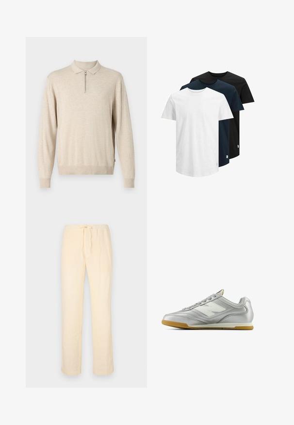Beige pitkähihainen neulepaita, jossa on kauluksellinen kaula-aukko ja vetoketjukiinnitys. Valmistettu pehmeästä materiaalista, jossa on ribbireunukset hihansuissa ja helmassa.; Kolme lyhythihaista T-paitaa valkoisena, tummana laivastonsinisenä ja mustana. Valmistettu puuvillasta, neljänneskauluksella ja suoraan helman leikkauksella. Yksinkertainen muotoilu, ei kuvioita.; Vaaleankeltaiset, löysät housut, jotka on valmistettu pehmeästä kankaasta. Niissä on joustava vyötärö, jossa on nyöri, ja suorat lahkeet.; Hopea urheilukenkä, jolla on sileä, kiiltävä pinta, valkoinen logo sivussa, teksturoitu harmaa nauha ja kuminen pohja.