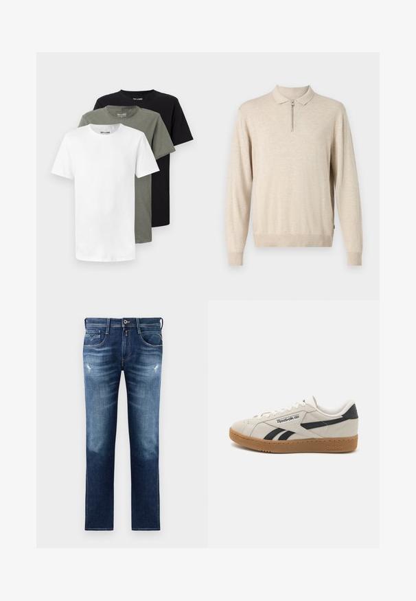 Pullover beige a maniche lunghe con colletto e chiusura con zip. Realizzato in materiale morbido con polsini e orlo a coste.; Tre t-shirt a girocollo in bianco, verde oliva e nero. Realizzate in morbido cotone, presentano maniche corte e una vestibilità comoda.; Jeans in denim blu con vestibilità regolare, caratterizzati da un lavaggio sbiadito, leggero usura, cinque tasche e cuciture a contrasto. Chiusura con bottone in vita.; Sneaker Reebok in suede beige con dettagli neri. Caratterizzate da una suola in gomma naturale, lacci tradizionali e collare imbottito per il comfort.