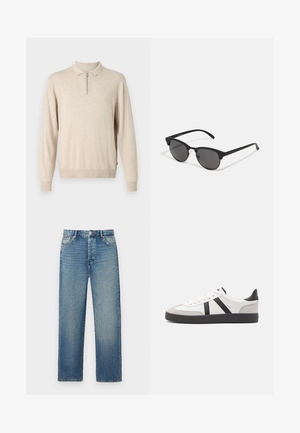 Beez pika-salongiga pullover, millel on krae ja lukuga kinnis. Valmistatud pehmest materjalist, millel on ribakujulised varrukasuud ja äär.; Sinine denimist paaris sirge lõikega teksaseid, klassikalise viie tasku disainiga, nähtava õmblusega ja kulunud pesuga.; Valged tossud mustade ja hallide aktsentidega, tekstureeritud halli varbakattega, musta kummitald ja lamedad valged paelad. Puhtad jooned, minimalistlik stiil.; Mustad prillid ümmarguste läätsedega, mati viimistlusega ja iseloomuliku kassisilma kujuga. Peened sangad, millel on vasakul templil diskreetne brändingu märk.