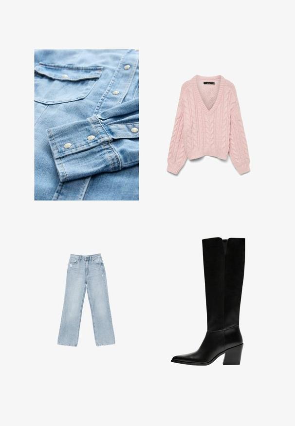 Vero Moda VMDREAM - Pulover - rose shadow; Svetslo modra denim srajca z dolgimi rokavi, ki ima srebrne gumbke na zapenjanje, dvojna žepa na prsih in kontrastno šivanje. Tkanina ima mehak, teksturiran videz.; Svjetloplave traperice širokog kroja, sa istrošenim detaljima, pet džepova, i zatvaranjem na patentni zatvarač.; Črne gležnjarje do kolen iz gladkega usnja, z ostrim nosom, blokinim peto in V-oblikovanim izrezom na vrhu.