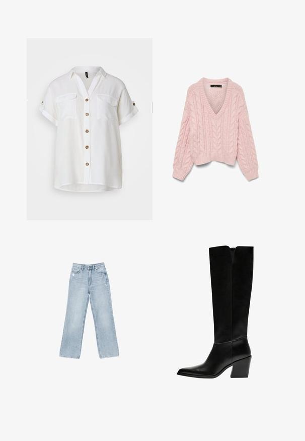 Vero Moda VMDREAM - Jumper - rose shadow; White, short-sleeve button-up shirt with a collar, two chest pockets, and decorative brown buttons. Lightweight fabric, relaxed fit.; Light blue denim jeans with a wide-leg cut, distressed detailing, five-pocket design, and a zip-fly closure.; Black knee-high boots made of smooth leather, featuring a pointed toe, a block heel, and a V-shaped cutout at the top.