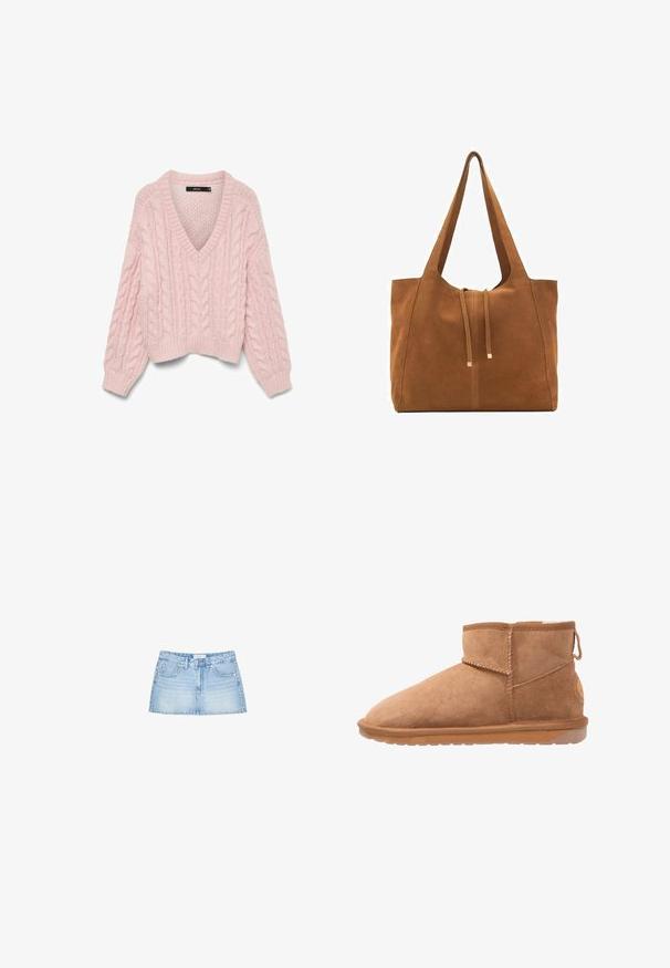 Vero Moda VMDREAM - Strickpullover - rose shadow; Denim-Minirock in Hellblau, mit geradem Schnitt, fünf Taschen und einer Knopfleiste vorne mit Gürtelschlaufen. Glatte Textur.; Beige Wildleder-Ankle Boots mit runder Zehenpartie, genähten Nähten und Gummisohle. Mit einer Schlaufe an der Rückseite für einfaches An- und Ausziehen.; Braune Wildleder-Tasche mit zwei langen Trägern, Zugverschluss und minimalistischem Design. Glatte Textur und keine sichtbaren Hardware-Details.
