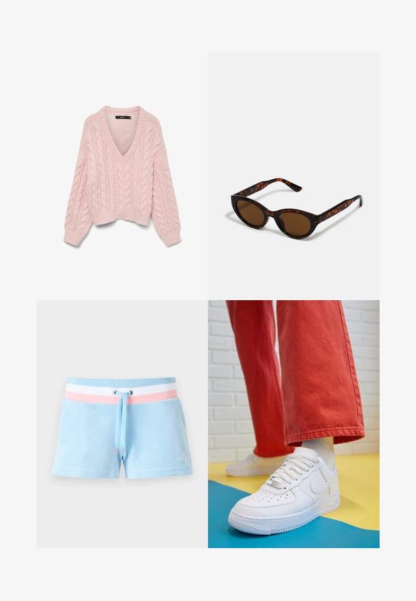 Vero Moda VMDREAM - Džemperis - rose shadow; Šviesiai mėlyni velūro šortai su rožinės ir baltos juostelės liemeniu, su raišteliu ir siuvinėtu logotipu kairėje pusėje.; Baltos odinės kedų sportbačiai su perforuotu pirštu, tekstūruota pado dalimi ir baltais raišteliais, derinami su plačiomis raudonomis kelnėmis ir mėlynos bei geltonos spalvų fono kompozicija.; Rudos tortoiseshell saulės akinius su vintage katės akies forma ir rudais objektyvais. Ypatybės - lenkti petnešos su raudonomis akcentais.; Aukso auskarai su lygiu, blizgiu paviršiumi. Apvalus dizainas su maža užrakto dalimi ir skaidria atrama saugiam nešiojimui.