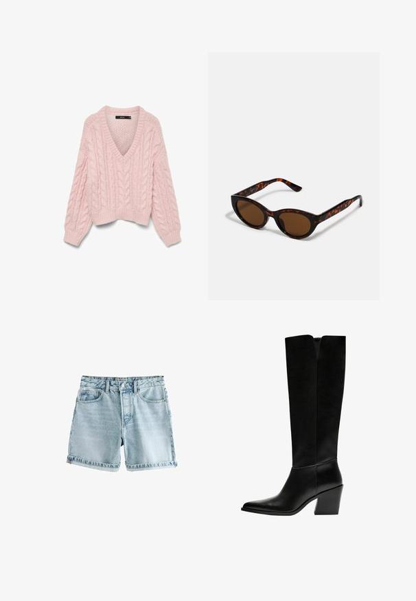 Vero Moda VMDREAM - Vesta - rose shadow; Svijetloplave traper kratke hlače s sirovim rubom, pet džepova i kopčanjem na dugme. Tkanina ima blago istrošen izgled.; Crne čizme do koljena napravljene od glatke kože, s šiljastim vrhom, blok petom i V-oblika izrezom na vrhu.; Smeđe sunčane naočale u tortoiseshell uzorku s vintage mačkastim okvirom i smeškim lećama. Ima zakrivljene ručke s crvenim detaljima.