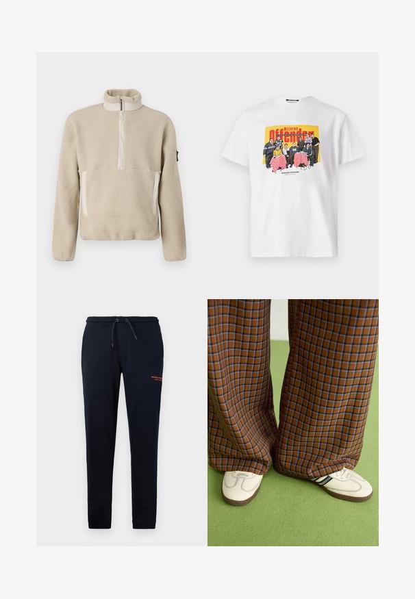 Beige fleece pullover with high collar, quarter-zip front, and two front pockets. Textured fabric with contrasting beige accents.; White cotton t-shirt featuring a colorful graphic of a group at a table, with red checkered tablecloths and text stating "WEEKEND OFFENDER."; Navy drawstring joggers with side pockets, tapered legs, and orange "WEEKEND OFFICER" text on the right thigh. Soft cotton blend material.; Brown and blue plaid wide-leg trousers paired with white shoes featuring black accents and textured soles, set against a green background.