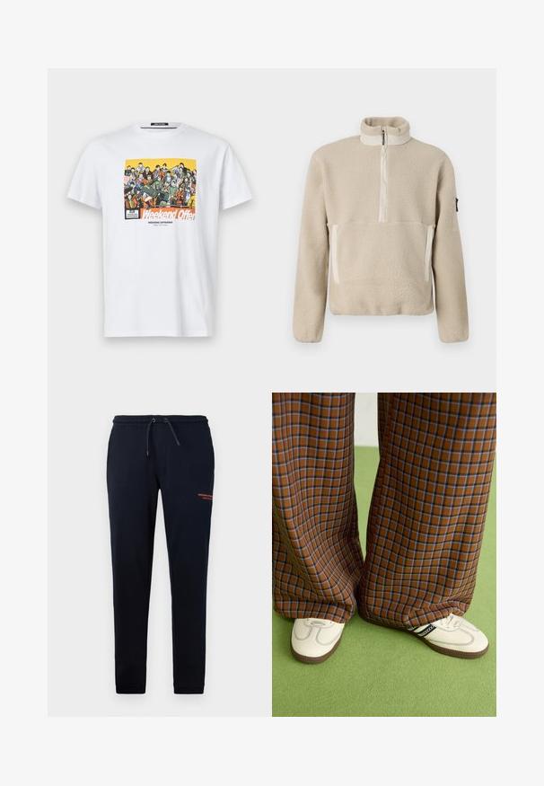 Beež fliispullover kõrge kraega, veerandi pikkusega tõmblukuga ees ja kahe esikäe taskuga. Tekstuuriga kangas kontrastsete beežide aktsentidega.; Valge puuvillane t-särk, millel on värvikas graafiline trükk mitmete tegelastega. Tekst üleval ütleb "Nädalavahetuse pakkumine" paksus oranžis kirjas.; Tumesinised sinised joggerid, millel on küljetaskud, kitsenevad sääred ja oranž tekst "WEEKEND OFFICER" paremal reiel. Pehme puuvillane segu materjal.; Pruunide ja siniste ruuduliste laiad püksid, mille juurde on kombineeritud valged kingad mustade aktsentidega ja tekstuursete taldadega, roheline taust.