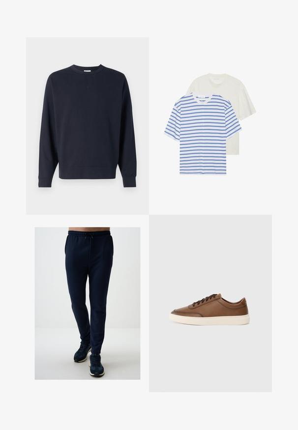 Sweatshirt bleu marine en coton, avec un col rond, des manches longues, des poignets côtelés et un design simple sans graphiques visibles.; Deux t-shirts à manches courtes : un blanc avec des rayures bleues et un autre de couleur crème claire uniforme. Matière en coton doux, design col rond, coupe décontractée.; Pantalons de survêtement bleu marine avec taille élastique et cordon de serrage ajustable, dotés de poches latérales, coupe fuselée et tissu doux. Associés à des baskets.; Baskets en cuir marron avec une finition lisse, à lacets et semelle en caoutchouc de couleur blanche cassée. Branding minimal sur le côté.