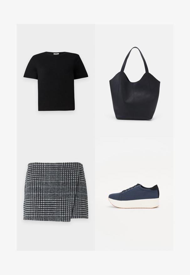 Black, short-sleeved t-shirt made from cotton. Features a round crew neckline and a relaxed fit. Plain design without patterns or accents.; Wool mini skirt featuring a black and white houndstooth pattern, straight cut with a slight asymmetrical hem, and textured fabric.; Navy blue sneaker with a textured fabric upper, white platform sole, rounded toe, and black heel accent. Features six eyelets for laces.; Black tote bag made of smooth leather, featuring a curved, open top with two shoulder straps and a minimalist design.