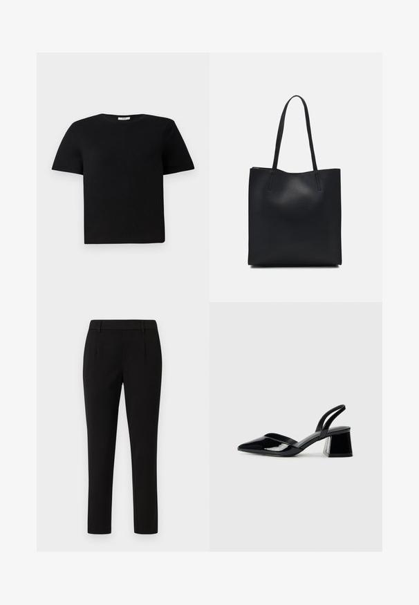 Black, short-sleeved t-shirt made from cotton. Features a round crew neckline and a relaxed fit. Plain design without patterns or accents.; Black tailored trousers with a straight leg design, made of smooth fabric. Features flat front, belt loops, and no pockets.; Black patent leather slingback heels with a pointed toe and a geometric block heel. Features a sleek, minimal design and smooth texture.; Black leather tote bag with smooth texture, rectangular shape, and two long handles. No visible hardware or embellishments.