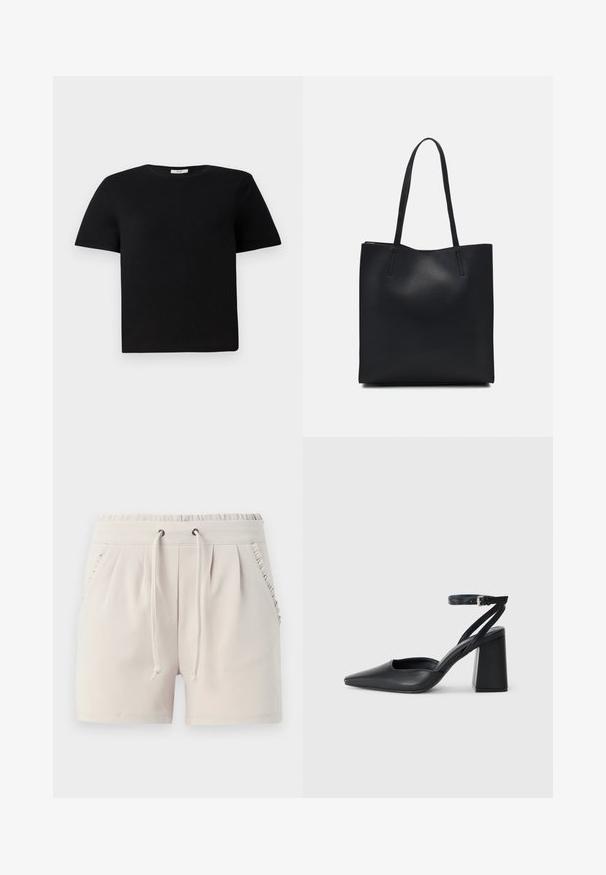 Črna, kratkolužična majica iz bombaža. Ima okroglo ovratnico in sproščen kroj. Enostaven dizajn brez vzorcev ali dodatkov.; Svetlo bež kratke hlače z elastičnim pasom, žicom za zategovanje, stranskimi žepi in nabranimi detajli ob robovih žepov. Mehka tekstura tkanine.; Črne usnjene klasične čevlje z ostrim nosom, z zaponko za gleženj in debelim peto. Ravna tekstura, eleganten dizajn in minimalistična estetika.; Črna usnjena torba s svilnato teksturo, pravokotne oblike in dvema dolgima ročajema. Brez vidnih metalnih delov ali okrasnih elementov.
