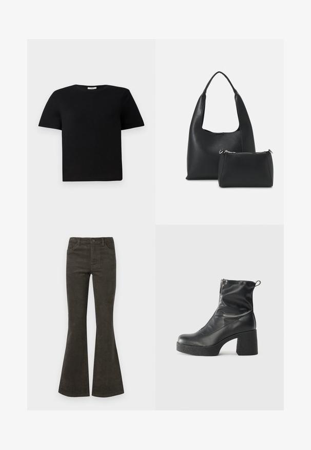 Melns, īsām piedurknēm t-krekls, izgatavots no kokvilnas. Ar apaļu kruzu apkakli un brīvu piegriezumu. Vienkāršs dizains bez rakstiem vai akcentiem.; Tumšzaļie flared kordūru bikses ar pogas un rāvējslēdzēju aizdari, piecām kabatām un smalku ribotu tekstūru.; Melni potītes zābaki, kas izgatavoti no gludas ādas, ar sānu rāvējslēdzēju, masīvu strukturētu papēdi un noapaļotu purngalu.; Even&Odd Rokassoma - black